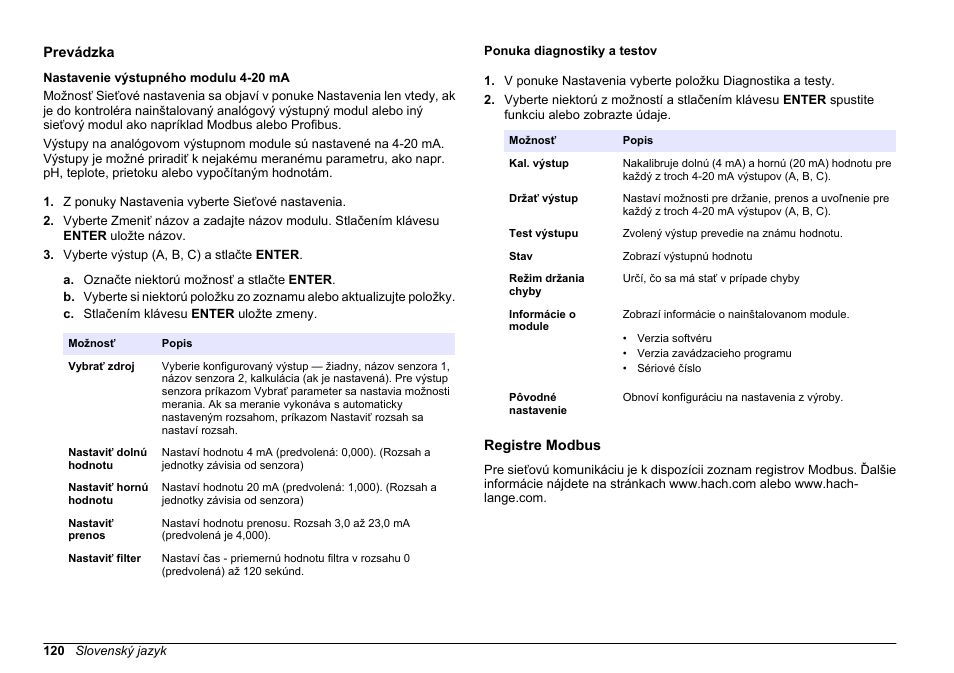 Prevádzka, Nastavenie výstupného modulu 4-20 ma, Ponuka diagnostiky a testov | Registre modbus | Hach-Lange SC 200 Active 4-20 mA Output Module User Manual User Manual | Page 120 / 148