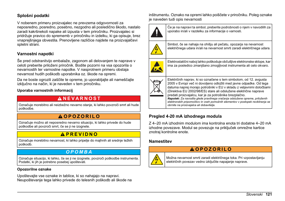 Navodila za uporabo, Splošni podatki, Varnostni napotki | Uporaba varnostnih informacij, Opozorilne oznake, Pregled 4-20 ma izhodnega modula, Namestitev, Slovenski | Hach-Lange SC 200 Active 4-20 mA Output Module User Manual User Manual | Page 121 / 148