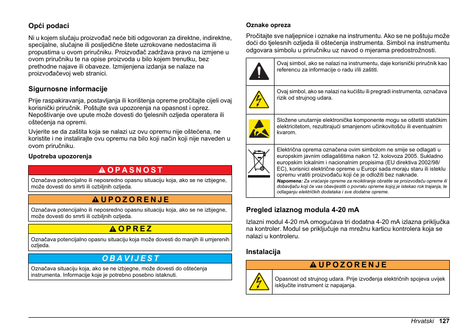 Korisnički priručnik, Opći podaci, Sigurnosne informacije | Upotreba upozorenja, Oznake opreza, Pregled izlaznog modula 4-20 ma, Instalacija, Hrvatski | Hach-Lange SC 200 Active 4-20 mA Output Module User Manual User Manual | Page 127 / 148