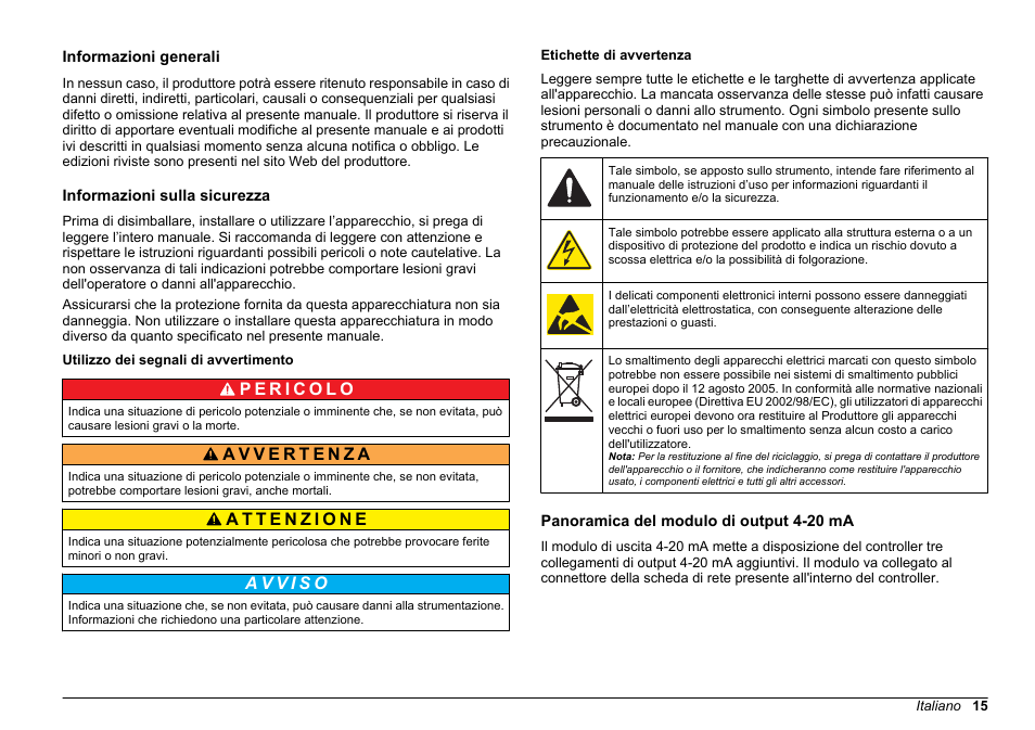 Manuale dell'utente, Informazioni generali, Informazioni sulla sicurezza | Utilizzo dei segnali di avvertimento, Etichette di avvertenza, Panoramica del modulo di output 4-20 ma, Italiano | Hach-Lange SC 200 Active 4-20 mA Output Module User Manual User Manual | Page 15 / 148