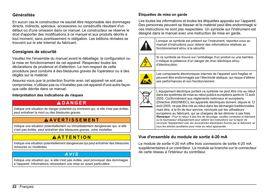 Manuel d'utilisation, Généralités, Consignes de sécurité | Interprétation des indications de risques, Étiquettes de mise en garde, Vue d'ensemble du module de sortie 4-20 ma, Français, A v i s | Hach-Lange SC 200 Active 4-20 mA Output Module User Manual User Manual | Page 22 / 148