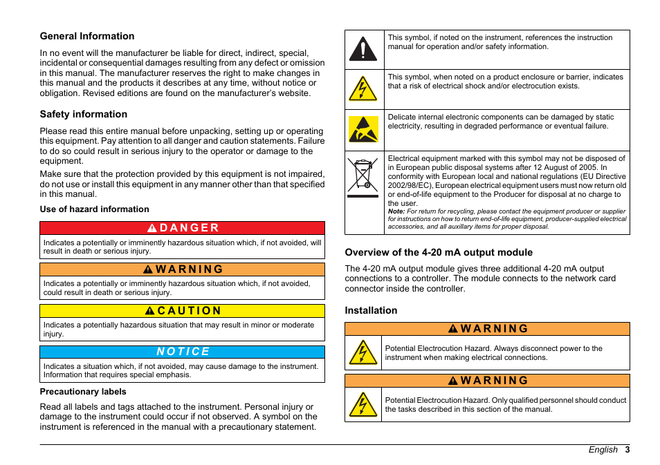 User manual, General information, Safety information | Use of hazard information, Precautionary labels, Overview of the 4-20 ma output module, Installation, English | Hach-Lange SC 200 Active 4-20 mA Output Module User Manual User Manual | Page 3 / 148