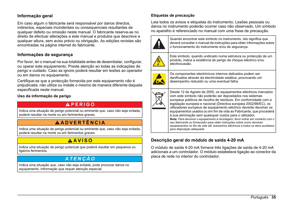 Manual do utilizador, Informação geral, Informações de segurança | Uso da informação de perigo, Etiquetas de precaução, Descrição geral do módulo de saída 4-20 ma, Português | Hach-Lange SC 200 Active 4-20 mA Output Module User Manual User Manual | Page 35 / 148
