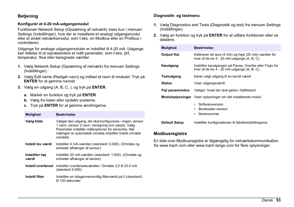 Betjening, Konfigurér et 4-20 ma-udgangsmodul, Diagnostik- og testmenu | Modbusregistre | Hach-Lange SC 200 Active 4-20 mA Output Module User Manual User Manual | Page 53 / 148
