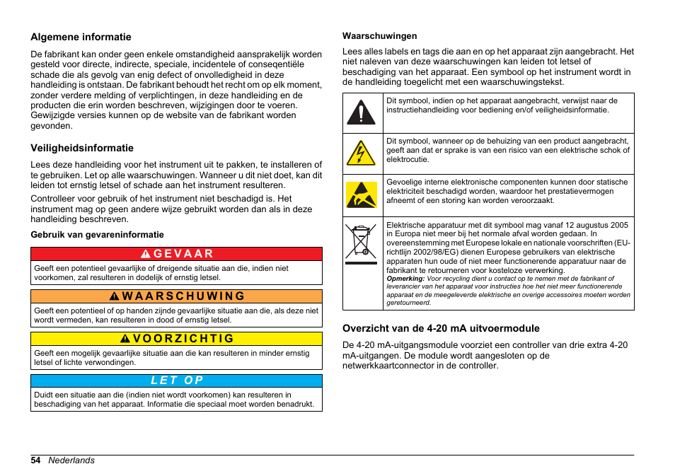 Gebruikershandleiding, Algemene informatie, Veiligheidsinformatie | Gebruik van gevareninformatie, Waarschuwingen, Overzicht van de 4-20 ma uitvoermodule, Nederlands | Hach-Lange SC 200 Active 4-20 mA Output Module User Manual User Manual | Page 54 / 148