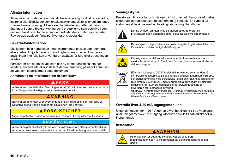 Bruksanvisning, Allmän information, Säkerhetsinformation | Anmärkning till information om risker¤"#!/(), Varningsskyltar, Översikt över 4-20 ma utgångsmodulen, Installation, Svenska, F a r a | Hach-Lange SC 200 Active 4-20 mA Output Module User Manual User Manual | Page 66 / 148