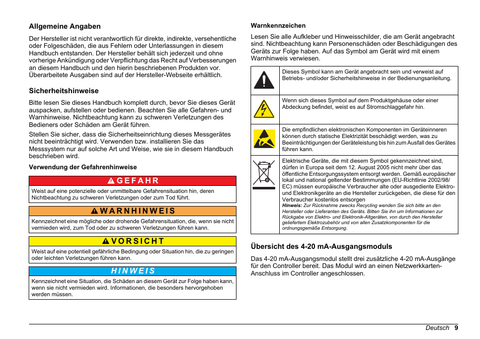Bedienungsanleitung, Allgemeine angaben, Sicherheitshinweise | Verwendung der gefahrenhinweise, Warnkennzeichen, Übersicht des 4-20 ma-ausgangsmoduls, Deutsch | Hach-Lange SC 200 Active 4-20 mA Output Module User Manual User Manual | Page 9 / 148