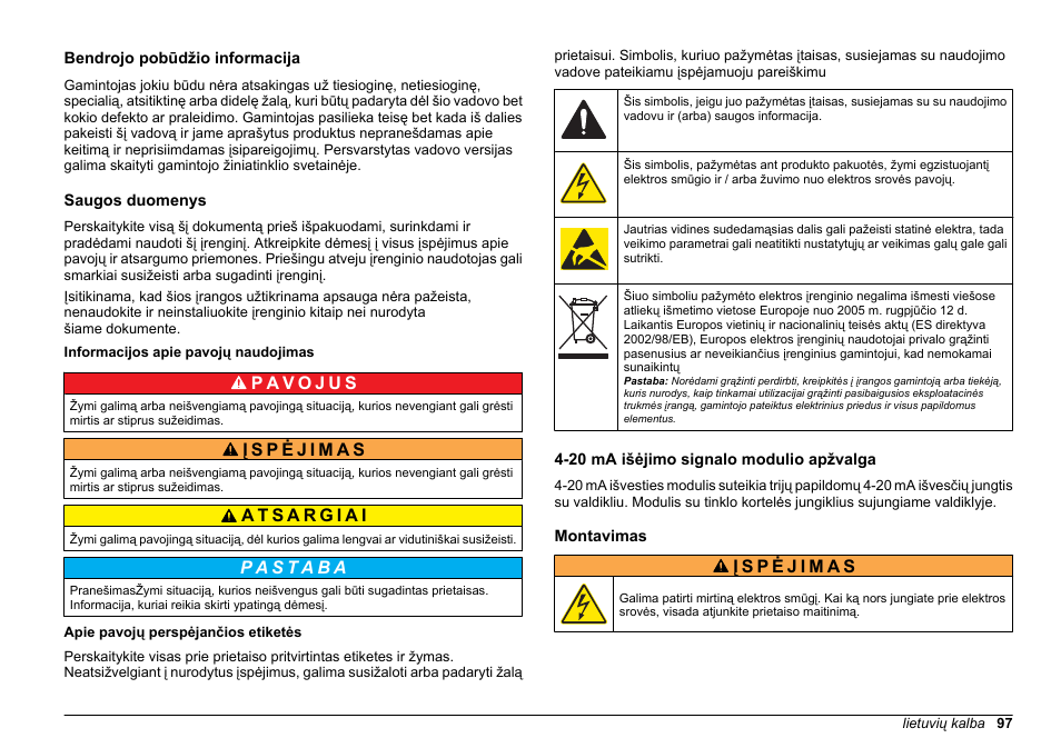Naudotojo vadovas, Bendrojo pobūdžio informacija, Saugos duomenys | Informacijos apie pavojų naudojimas, Apie pavojų perspėjančios etiketės, 20 ma išėjimo signalo modulio apžvalga, Montavimas, Lietuvių kalba | Hach-Lange SC 200 Active 4-20 mA Output Module User Manual User Manual | Page 97 / 148