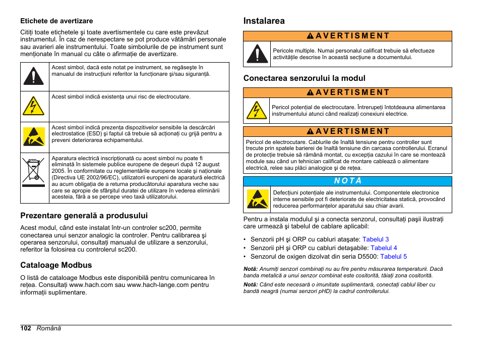 Etichete de avertizare, Prezentare generală a produsului, Cataloage modbus | Instalarea, Conectarea senzorului la modul | Hach-Lange SC 200 pH_ORP_DO Module User Manual User Manual | Page 102 / 166