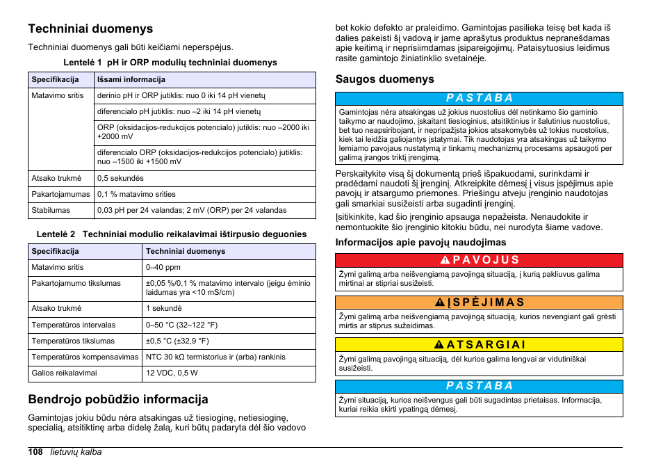 Naudotojo vadovas, Techniniai duomenys, Bendrojo pobūdžio informacija | Saugos duomenys, Informacijos apie pavojų naudojimas, Lietuvių kalba | Hach-Lange SC 200 pH_ORP_DO Module User Manual User Manual | Page 108 / 166