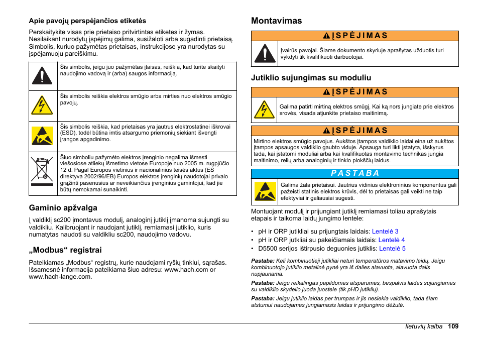 Apie pavojų perspėjančios etiketės, Gaminio apžvalga, Modbus“ registrai | Montavimas, Jutiklio sujungimas su moduliu | Hach-Lange SC 200 pH_ORP_DO Module User Manual User Manual | Page 109 / 166