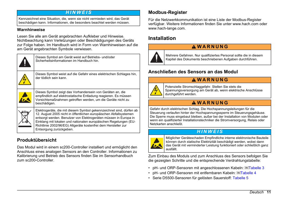 Warnhinweise, Produktübersicht, Modbus-register | Installation, Anschließen des sensors an das modul | Hach-Lange SC 200 pH_ORP_DO Module User Manual User Manual | Page 11 / 166