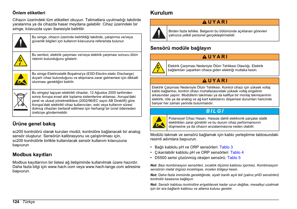 Önlem etiketleri, Ürüne genel bakış, Modbus kayıtları | Kurulum, Sensörü modüle bağlayın | Hach-Lange SC 200 pH_ORP_DO Module User Manual User Manual | Page 124 / 166