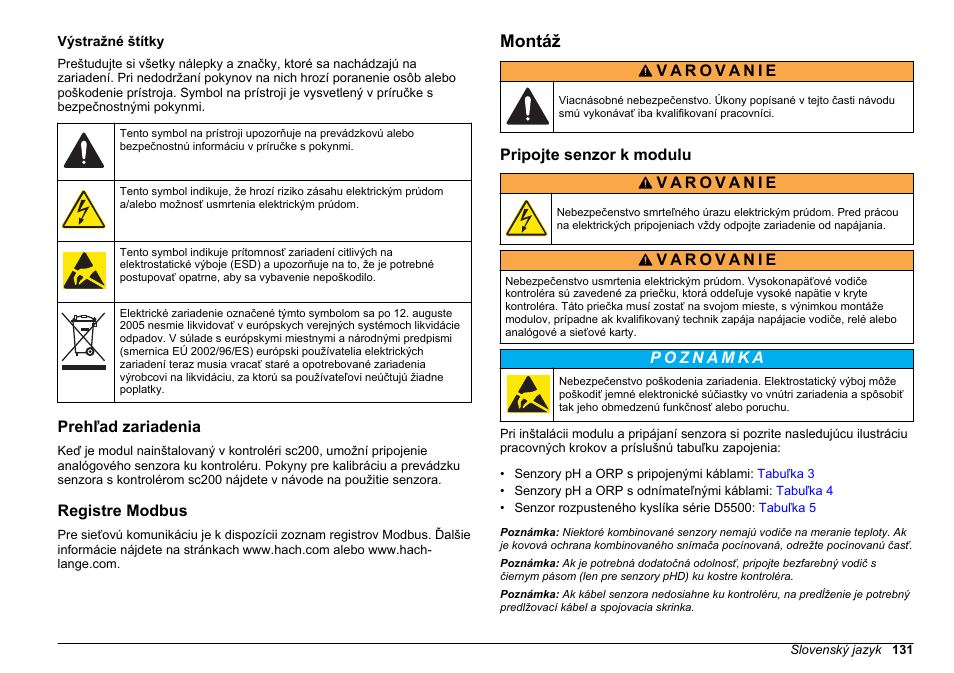 Výstražné štítky, Prehľad zariadenia, Registre modbus | Montáž, Pripojte senzor k modulu | Hach-Lange SC 200 pH_ORP_DO Module User Manual User Manual | Page 131 / 166