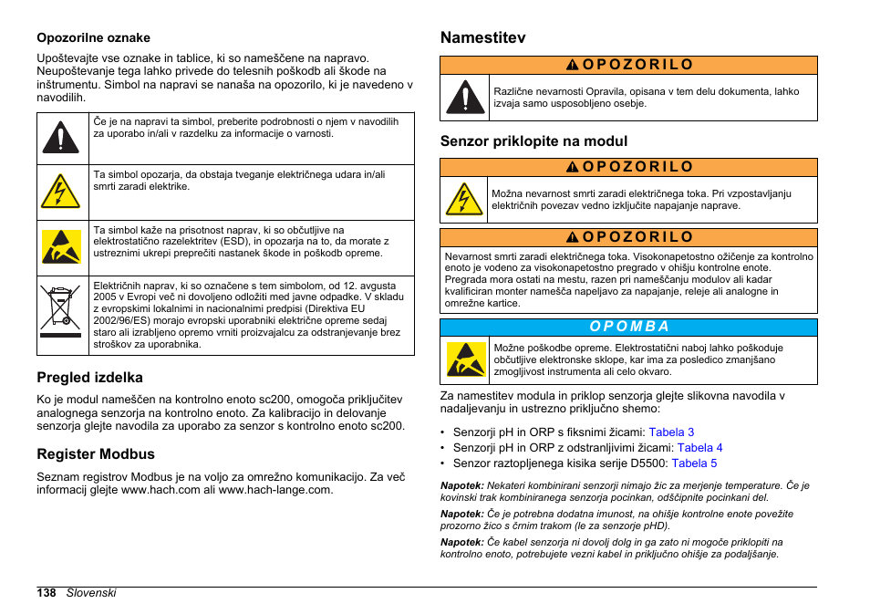 Opozorilne oznake, Pregled izdelka, Register modbus | Namestitev, Senzor priklopite na modul | Hach-Lange SC 200 pH_ORP_DO Module User Manual User Manual | Page 138 / 166