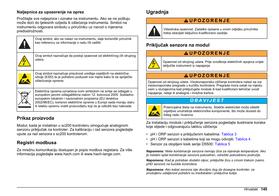 Naljepnice za upozorenje na oprez, Prikaz proizvoda, Registri modbusa | Ugradnja, Priključak senzora na modul | Hach-Lange SC 200 pH_ORP_DO Module User Manual User Manual | Page 145 / 166