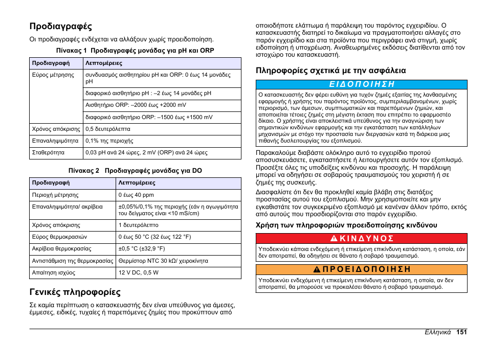 Εγχειρίδιο χρήσης, Προδιαγραφές, Γενικές πληροφορίες | Πληροφορίες σχετικά με την ασφάλεια, Χρήση των πληροφοριών προειδοποίησης κινδύνου, Ελληνικά | Hach-Lange SC 200 pH_ORP_DO Module User Manual User Manual | Page 151 / 166