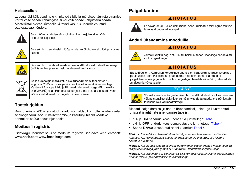 Hoiatussildid, Tootekirjeldus, Modbus'i registrid | Paigaldamine, Anduri ühendamine moodulile | Hach-Lange SC 200 pH_ORP_DO Module User Manual User Manual | Page 159 / 166