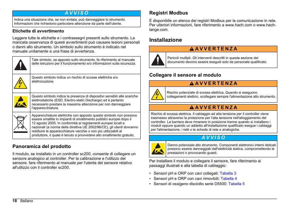 Etichette di avvertimento, Panoramica del prodotto, Registri modbus | Installazione, Collegare il sensore al modulo | Hach-Lange SC 200 pH_ORP_DO Module User Manual User Manual | Page 18 / 166