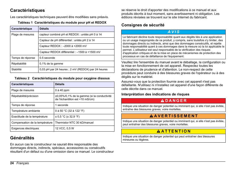 Manuel d'utilisation, Caractéristiques, Généralités | Consignes de sécurité, Interprétation des indications de risques, Français | Hach-Lange SC 200 pH_ORP_DO Module User Manual User Manual | Page 24 / 166