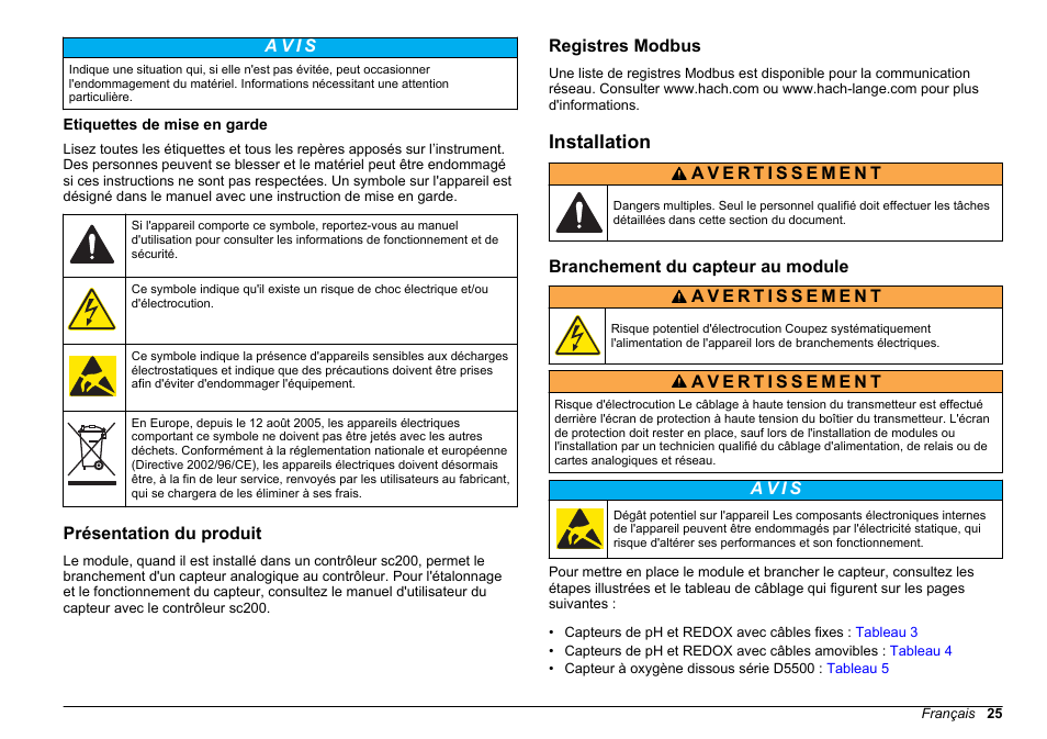 Etiquettes de mise en garde, Présentation du produit, Registres modbus | Installation, Branchement du capteur au module | Hach-Lange SC 200 pH_ORP_DO Module User Manual User Manual | Page 25 / 166