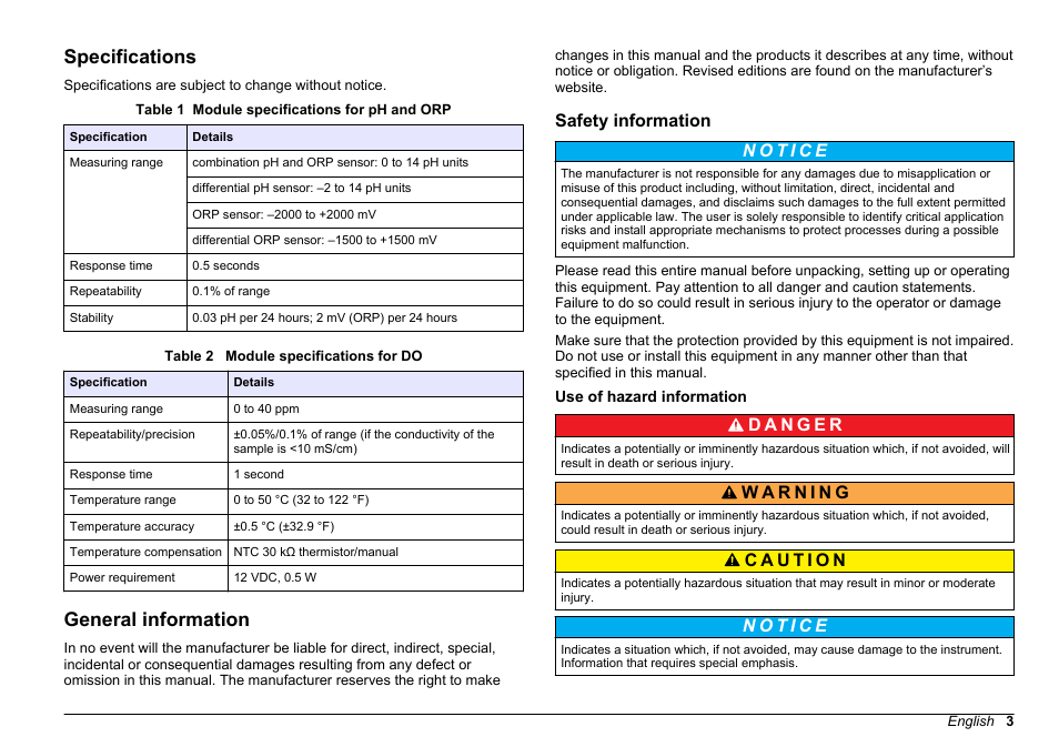 User manual, Specifications, General information | Safety information, Use of hazard information, English | Hach-Lange SC 200 pH_ORP_DO Module User Manual User Manual | Page 3 / 166