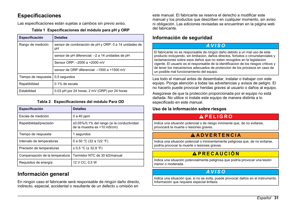 Manual del usuario, Especificaciones, Información general | Información de seguridad, Uso de la información sobre riesgos, Español | Hach-Lange SC 200 pH_ORP_DO Module User Manual User Manual | Page 31 / 166