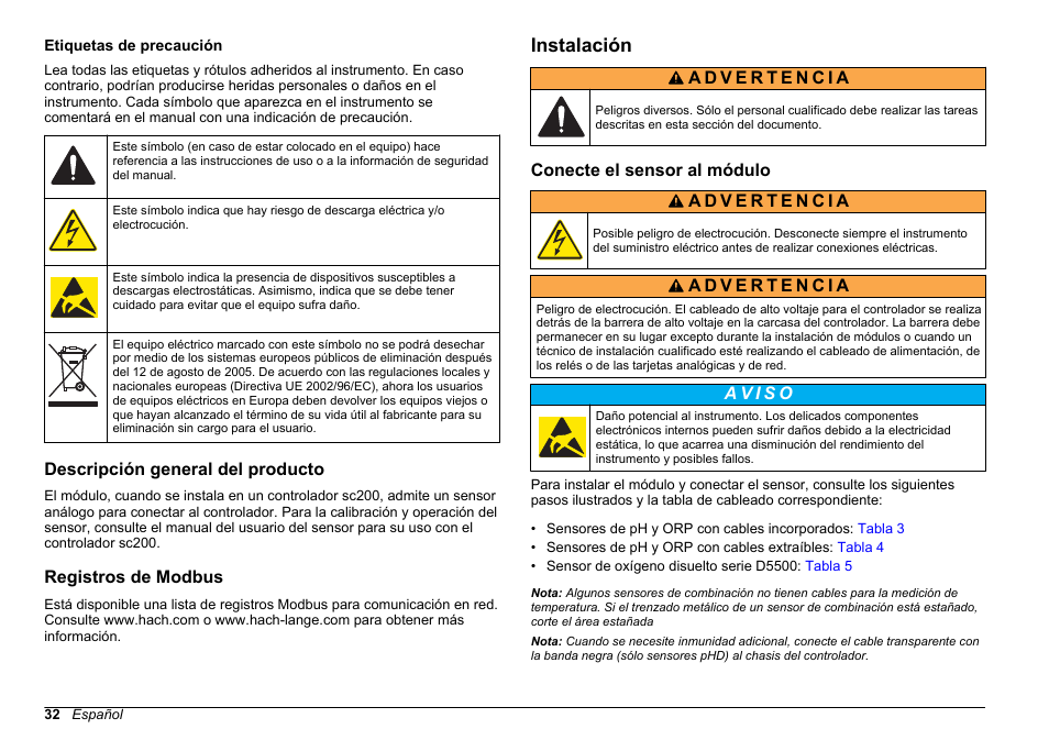 Etiquetas de precaución, Descripción general del producto, Registros de modbus | Instalación, Conecte el sensor al módulo | Hach-Lange SC 200 pH_ORP_DO Module User Manual User Manual | Page 32 / 166