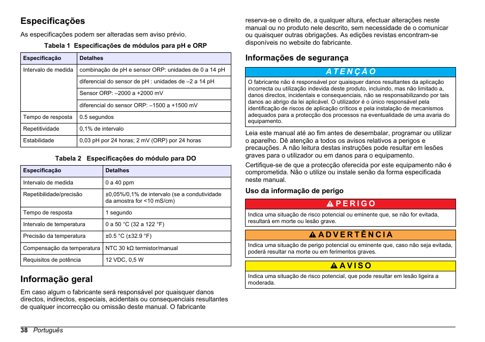 Manual do utilizador, Especificações, Informação geral | Informações de segurança, Uso da informação de perigo, Português | Hach-Lange SC 200 pH_ORP_DO Module User Manual User Manual | Page 38 / 166