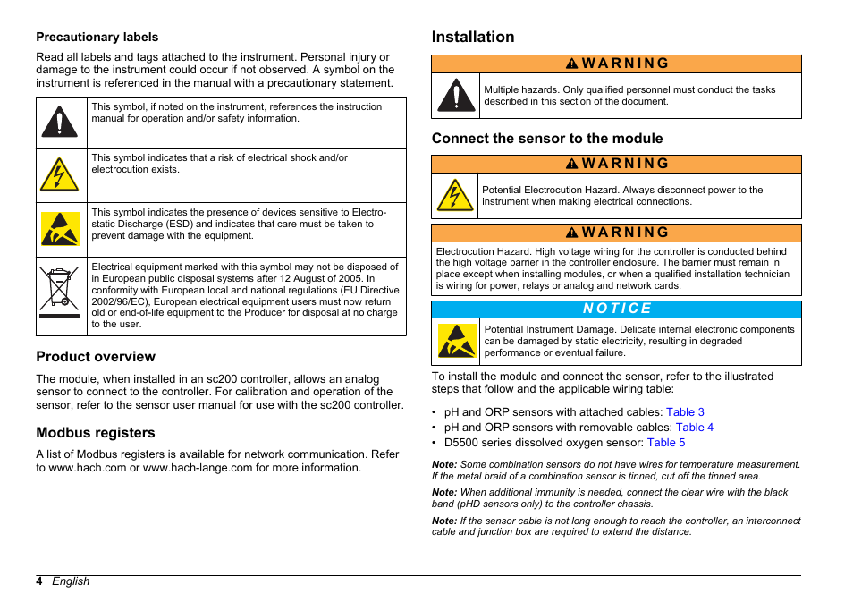 Precautionary labels, Product overview, Modbus registers | Installation, Connect the sensor to the module | Hach-Lange SC 200 pH_ORP_DO Module User Manual User Manual | Page 4 / 166