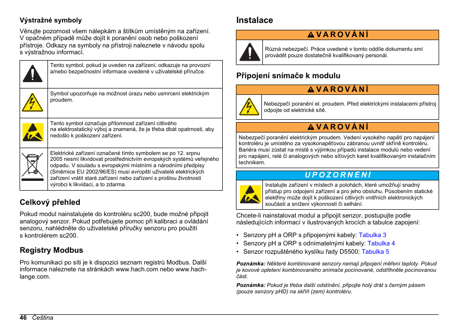 Výstražné symboly, Celkový přehled, Registry modbus | Instalace, Připojení snímače k modulu | Hach-Lange SC 200 pH_ORP_DO Module User Manual User Manual | Page 46 / 166