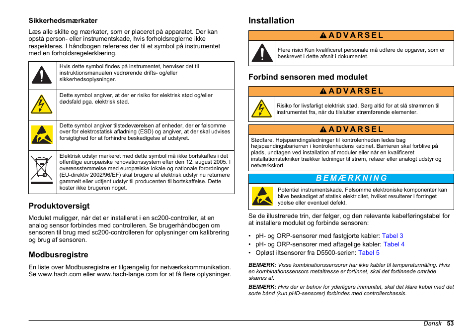 Sikkerhedsmærkater, Produktoversigt, Modbusregistre | Installation, Forbind sensoren med modulet | Hach-Lange SC 200 pH_ORP_DO Module User Manual User Manual | Page 53 / 166