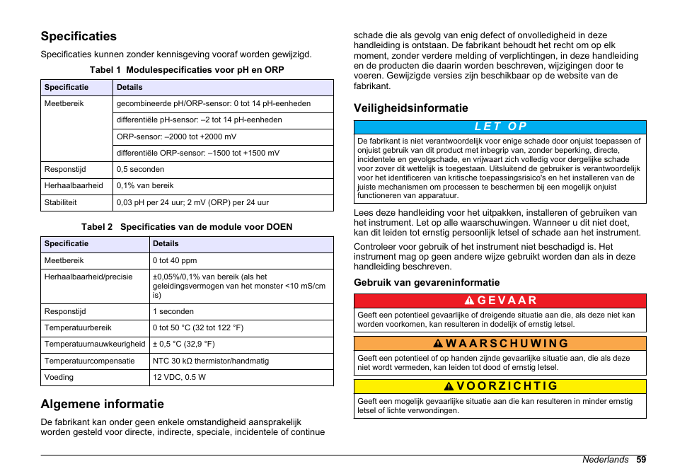 Gebruikershandleiding, Specificaties, Algemene informatie | Veiligheidsinformatie, Gebruik van gevareninformatie, Nederlands | Hach-Lange SC 200 pH_ORP_DO Module User Manual User Manual | Page 59 / 166