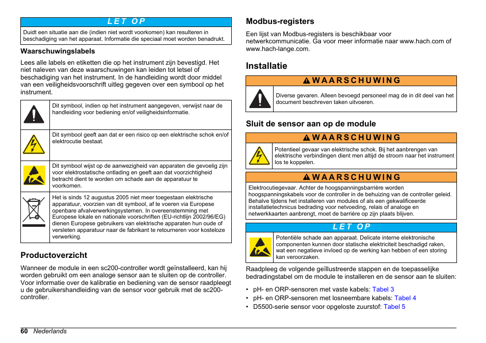 Waarschuwingslabels, Productoverzicht, Modbus-registers | Installatie, Sluit de sensor aan op de module | Hach-Lange SC 200 pH_ORP_DO Module User Manual User Manual | Page 60 / 166
