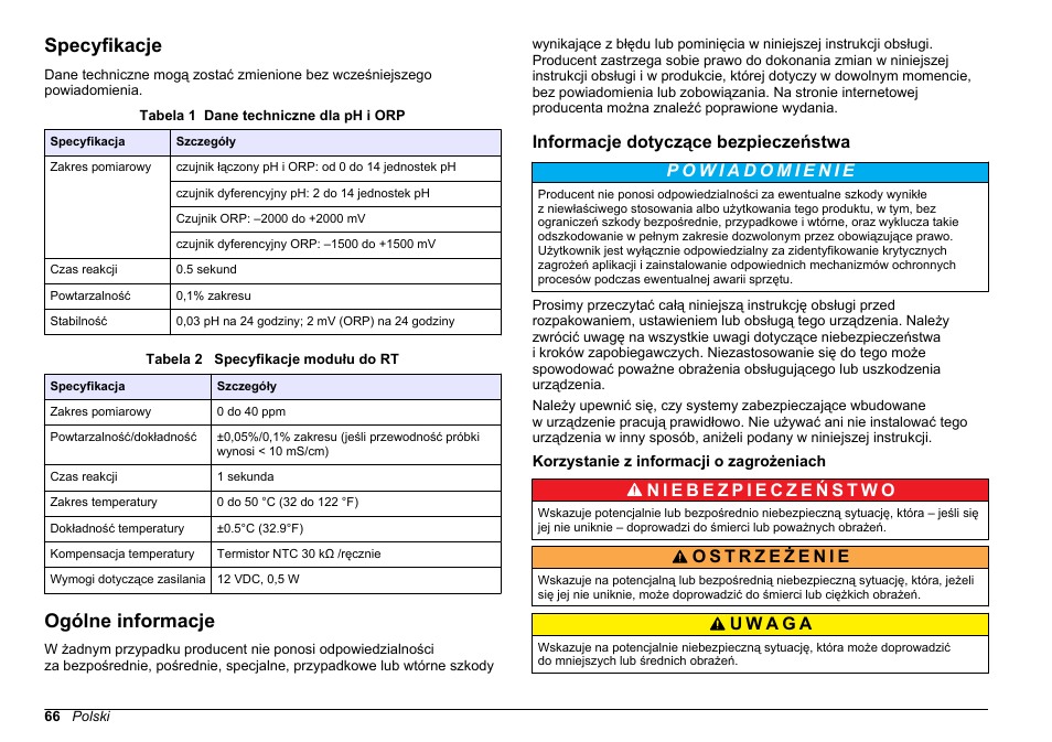 Instrukcja obsługi, Specyfikacje, Ogólne informacje | Informacje dotyczące bezpieczeństwa, Korzystanie z informacji o zagrożeniach, Polski | Hach-Lange SC 200 pH_ORP_DO Module User Manual User Manual | Page 66 / 166