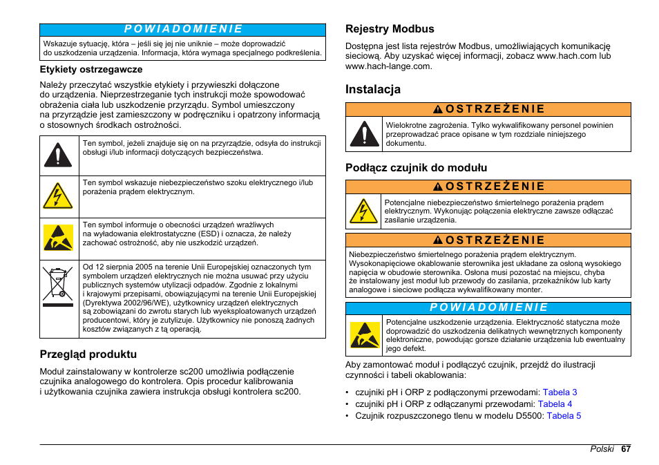 Etykiety ostrzegawcze, Przegląd produktu, Rejestry modbus | Instalacja, Podłącz czujnik do modułu | Hach-Lange SC 200 pH_ORP_DO Module User Manual User Manual | Page 67 / 166