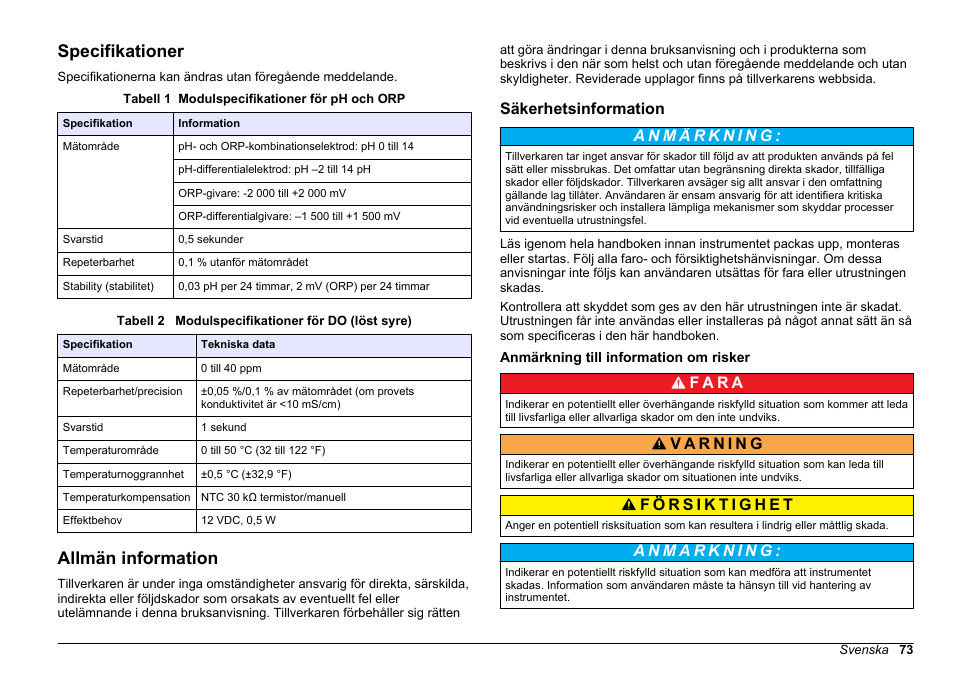 Bruksanvisning, Specifikationer, Allmän information | Säkerhetsinformation, Anmärkning till information om risker, Svenska, F a r a | Hach-Lange SC 200 pH_ORP_DO Module User Manual User Manual | Page 73 / 166