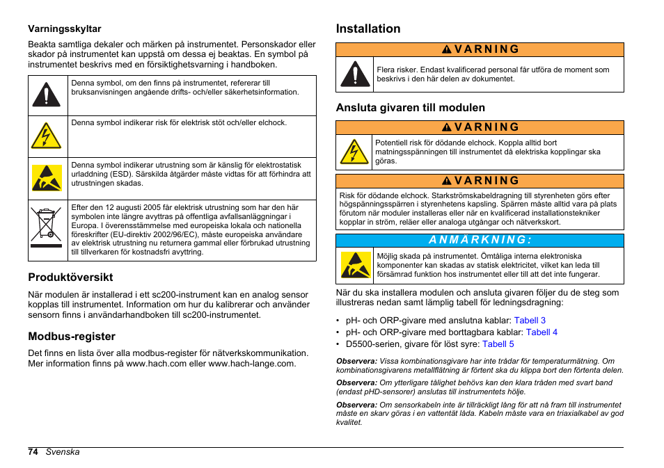 Varningsskyltar, Produktöversikt, Modbus-register | Installation, Ansluta givaren till modulen | Hach-Lange SC 200 pH_ORP_DO Module User Manual User Manual | Page 74 / 166