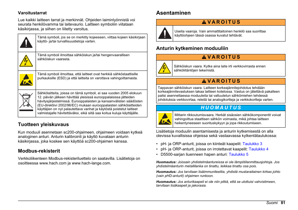 Varoitustarrat, Tuotteen yleiskuvaus, Modbus-rekisterit | Asentaminen, Anturin kytkeminen moduuliin | Hach-Lange SC 200 pH_ORP_DO Module User Manual User Manual | Page 81 / 166