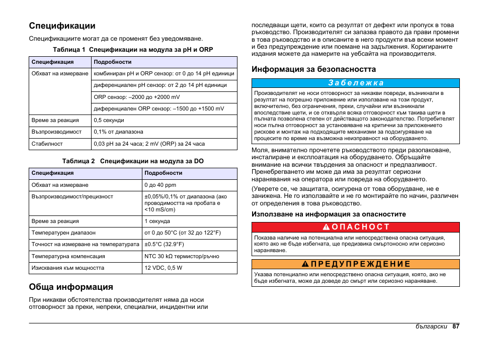 Ръководство на потребителя, Спецификации, Обща информация | Информация за безопасността, Използване на информация за опасностите, Български | Hach-Lange SC 200 pH_ORP_DO Module User Manual User Manual | Page 87 / 166
