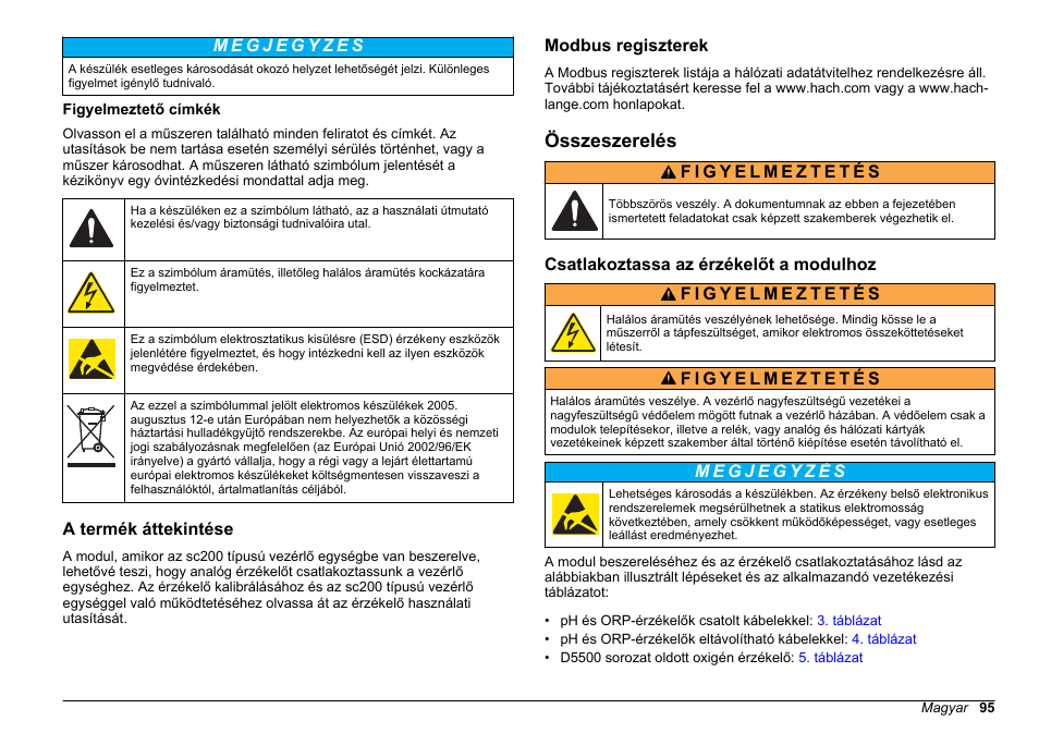 Figyelmeztető címkék, A termék áttekintése, Modbus regiszterek | Összeszerelés, Csatlakoztassa az érzékelőt a modulhoz | Hach-Lange SC 200 pH_ORP_DO Module User Manual User Manual | Page 95 / 166