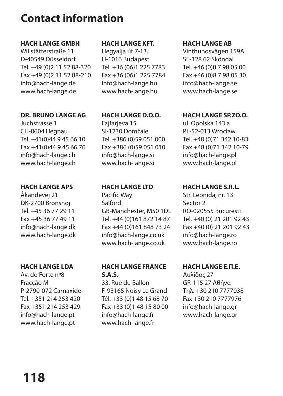 Contact information | Hach-Lange SI794 I User Manual User Manual | Page 118 / 128