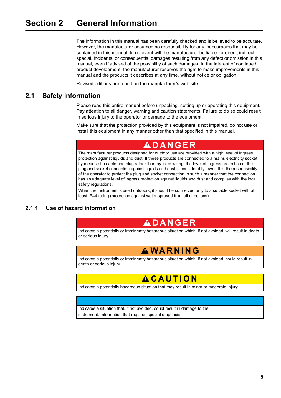 Section 2 general information, 1 safety information, 1 use of hazard information | Hach-Lange SC 1000 User Manual | Page 11 / 152
