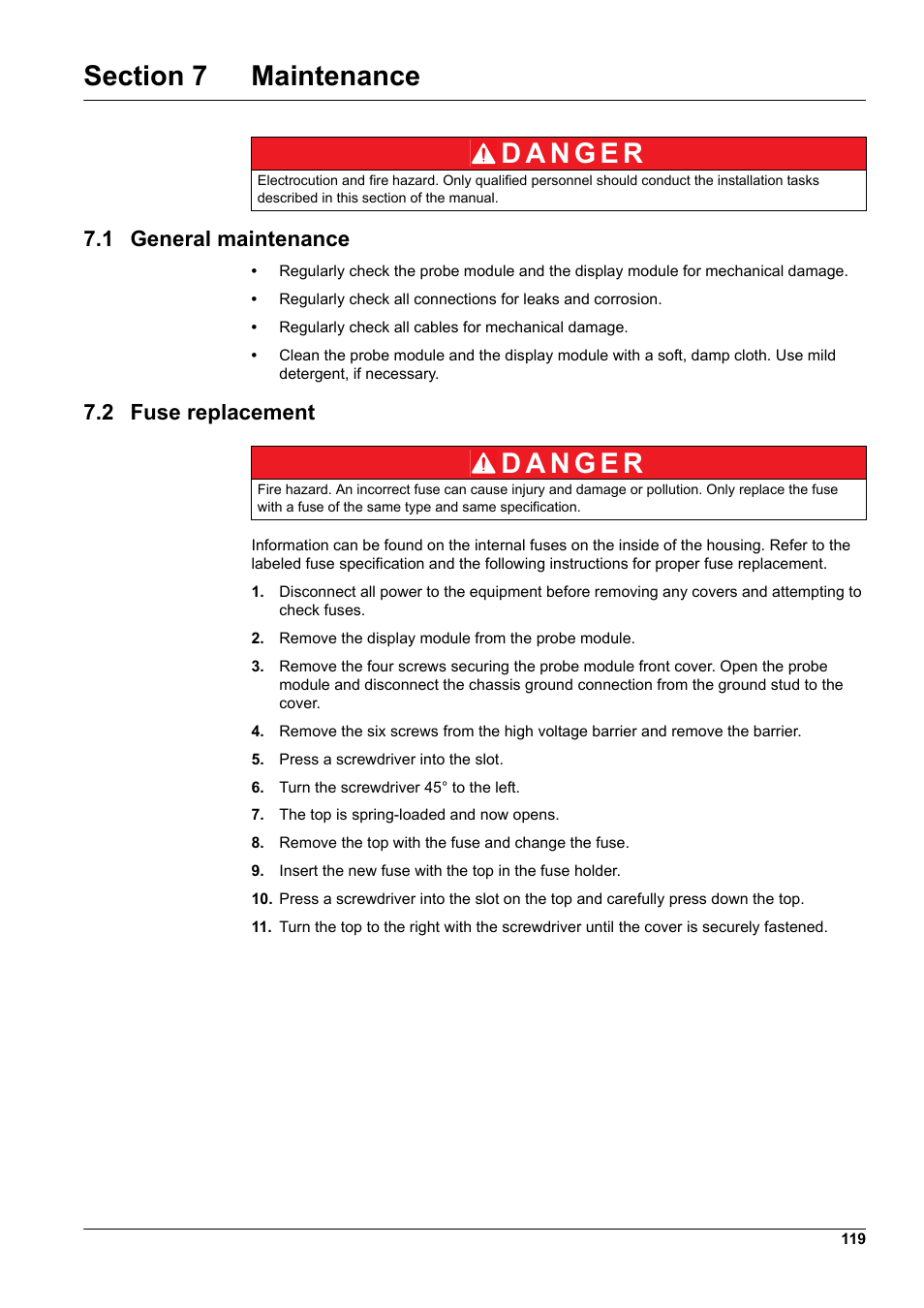 Section 7 maintenance, 1 general maintenance, 2 fuse replacement | 1 general maintenance 7.2 fuse replacement | Hach-Lange SC 1000 User Manual | Page 121 / 152