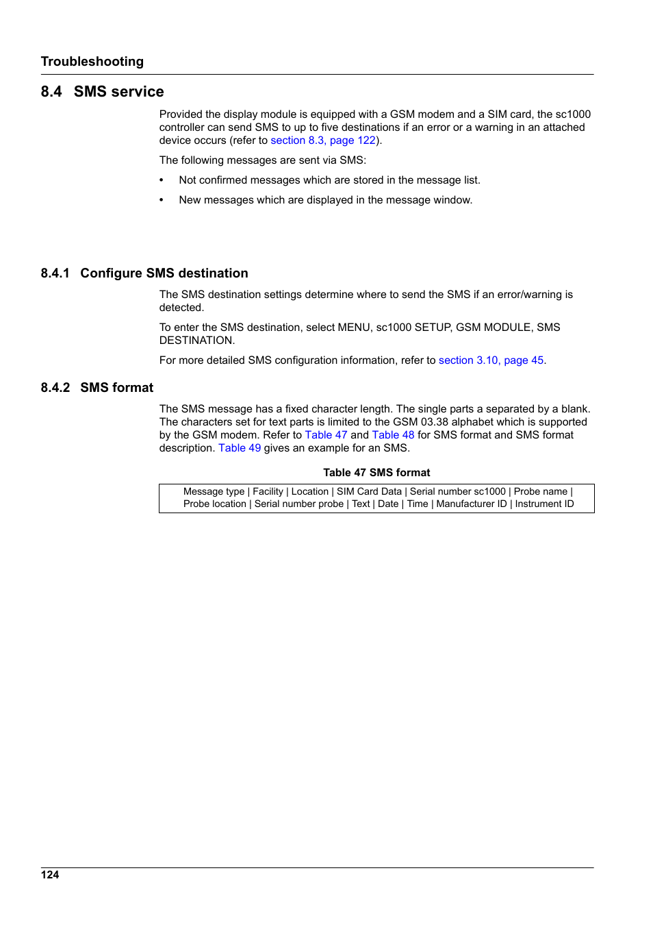 4 sms service, 1 configure sms destination, 2 sms format | 1 configure sms destination 8.4.2 sms format | Hach-Lange SC 1000 User Manual | Page 126 / 152