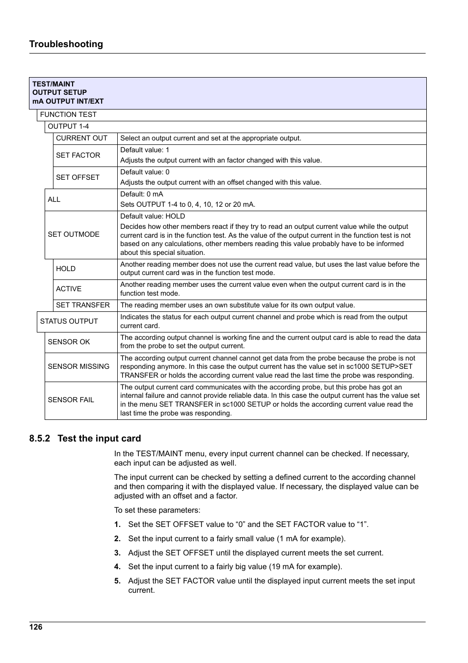 2 test the input card, Troubleshooting 8.5.2 test the input card | Hach-Lange SC 1000 User Manual | Page 128 / 152