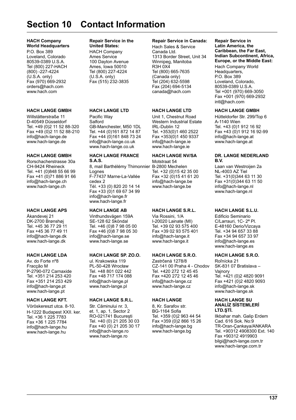 Section 10 contact information | Hach-Lange SC 1000 User Manual | Page 139 / 152