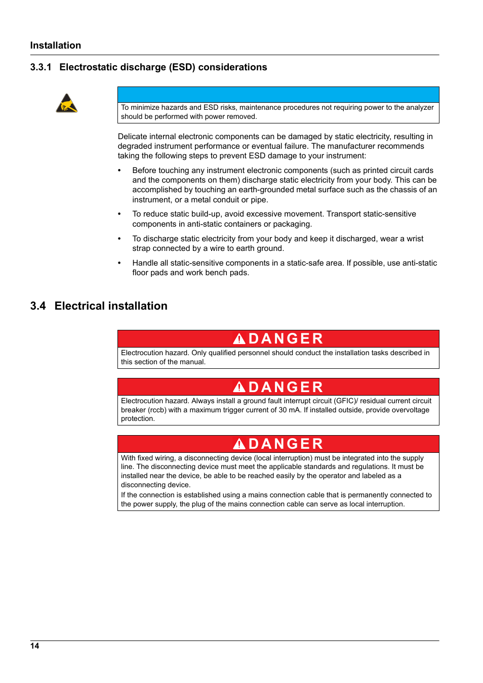 1 electrostatic discharge (esd) considerations, 4 electrical installation | Hach-Lange SC 1000 User Manual | Page 16 / 152