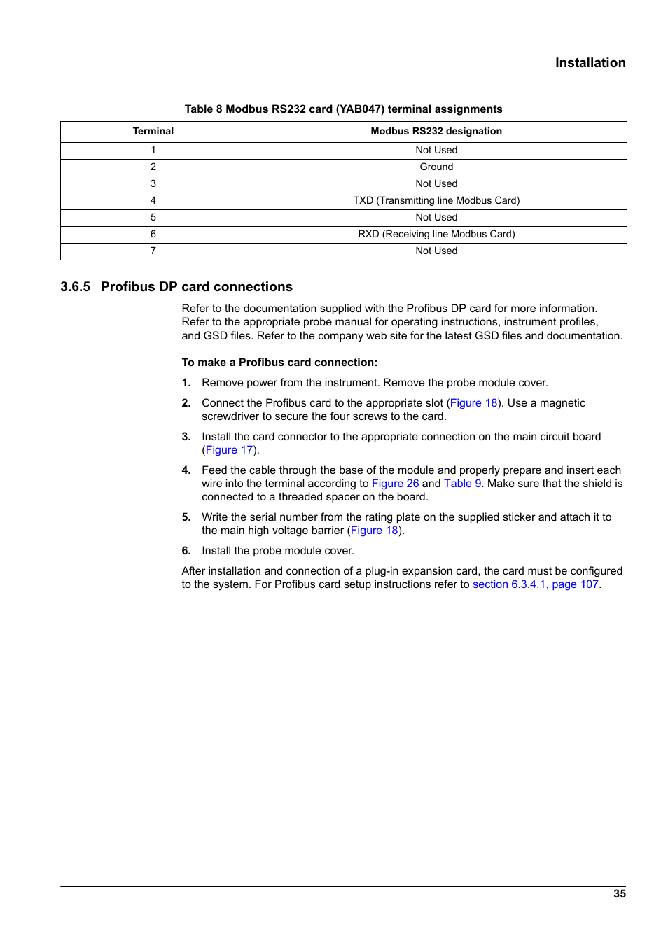 5 profibus dp card connections, Installation 3.6.5 profibus dp card connections | Hach-Lange SC 1000 User Manual | Page 37 / 152