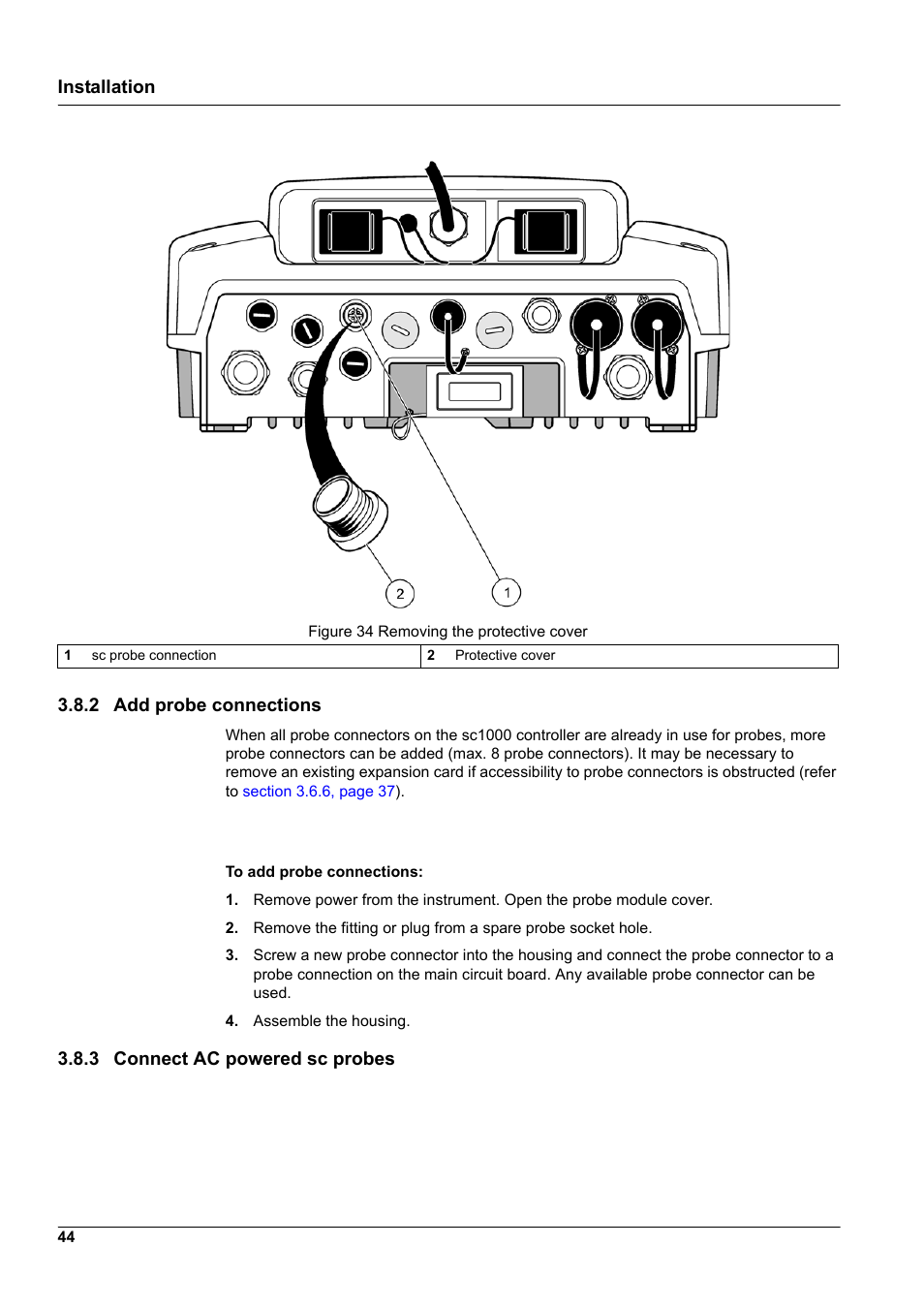 2 add probe connections, 3 connect ac powered sc probes, Installation 3.8.2 add probe connections | Hach-Lange SC 1000 User Manual | Page 46 / 152
